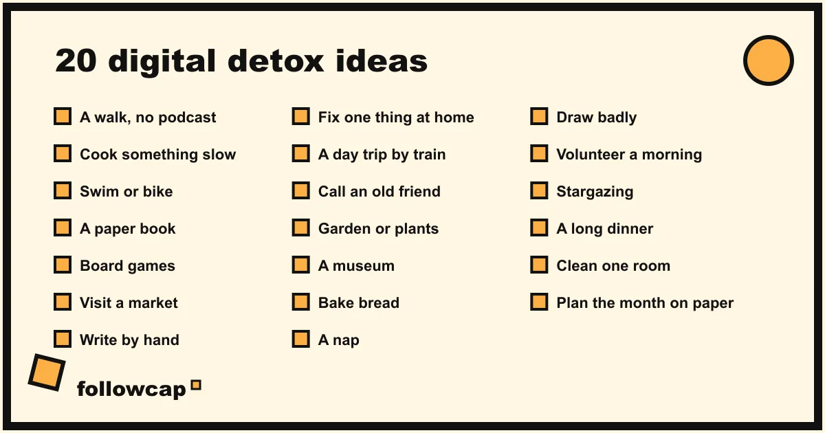 The 20 digital detox ideas grouped into outdoors, at home, with people and for your head