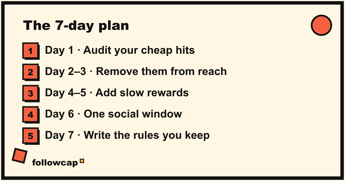 The seven days of the plan: audit, remove the cheap hits, add slow rewards, one social window, then design the rules you keep